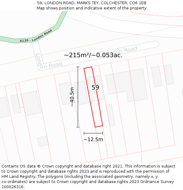 59, LONDON ROAD, MARKS TEY, COLCHESTER, CO6 1EB: Plot and title map