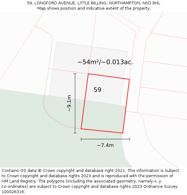 59, LONGFORD AVENUE, LITTLE BILLING, NORTHAMPTON, NN3 9HL: Plot and title map