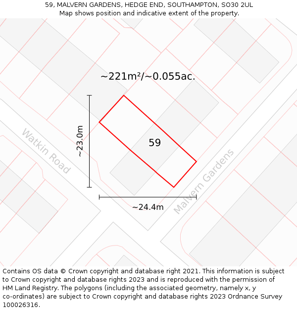 59, MALVERN GARDENS, HEDGE END, SOUTHAMPTON, SO30 2UL: Plot and title map