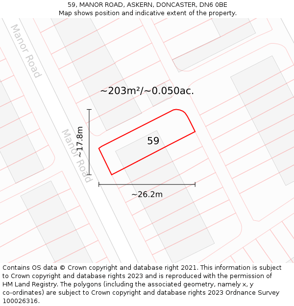 59, MANOR ROAD, ASKERN, DONCASTER, DN6 0BE: Plot and title map