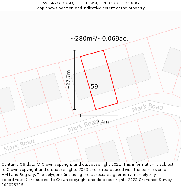 59, MARK ROAD, HIGHTOWN, LIVERPOOL, L38 0BG: Plot and title map