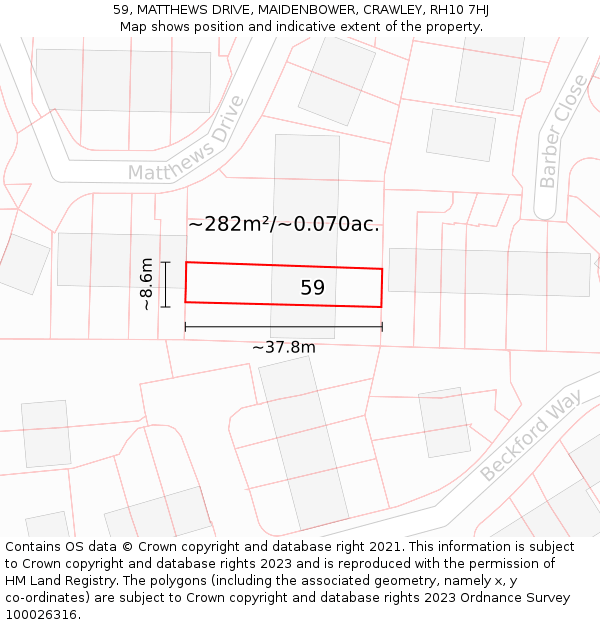 59, MATTHEWS DRIVE, MAIDENBOWER, CRAWLEY, RH10 7HJ: Plot and title map