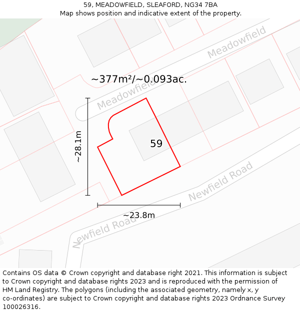 59, MEADOWFIELD, SLEAFORD, NG34 7BA: Plot and title map