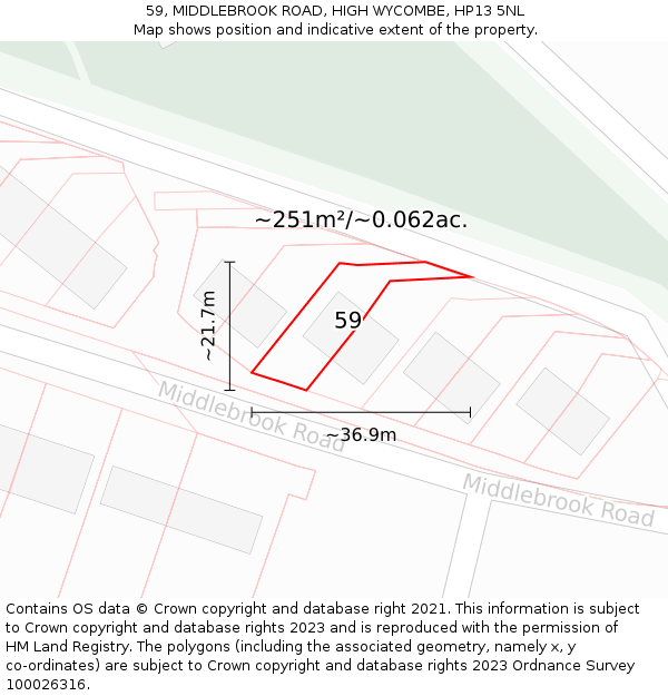 59, MIDDLEBROOK ROAD, HIGH WYCOMBE, HP13 5NL: Plot and title map