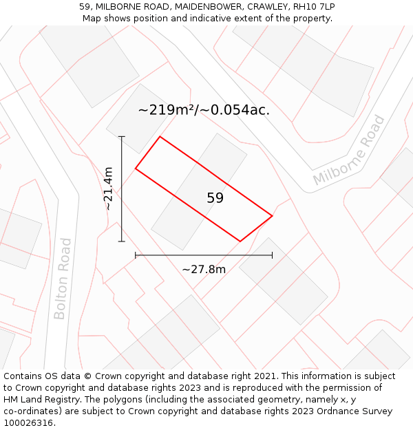 59, MILBORNE ROAD, MAIDENBOWER, CRAWLEY, RH10 7LP: Plot and title map