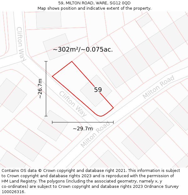 59, MILTON ROAD, WARE, SG12 0QD: Plot and title map