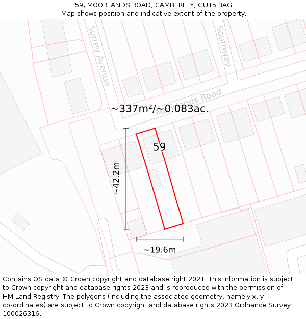 59, MOORLANDS ROAD, CAMBERLEY, GU15 3AG: Plot and title map