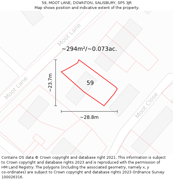 59, MOOT LANE, DOWNTON, SALISBURY, SP5 3JR: Plot and title map