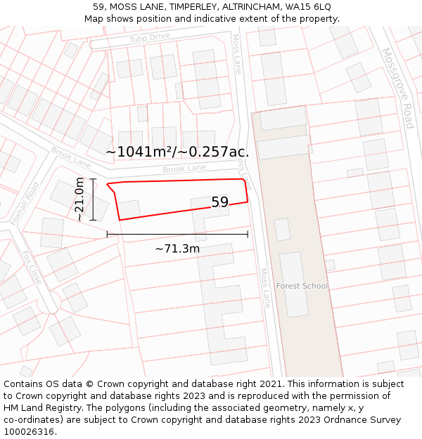 59, MOSS LANE, TIMPERLEY, ALTRINCHAM, WA15 6LQ: Plot and title map