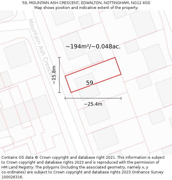 59, MOUNTAIN ASH CRESCENT, EDWALTON, NOTTINGHAM, NG12 4GS: Plot and title map