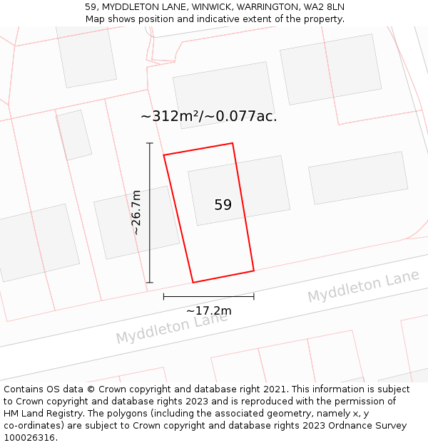 59, MYDDLETON LANE, WINWICK, WARRINGTON, WA2 8LN: Plot and title map