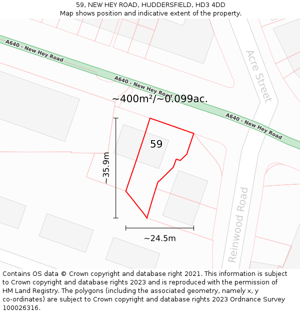 59, NEW HEY ROAD, HUDDERSFIELD, HD3 4DD: Plot and title map