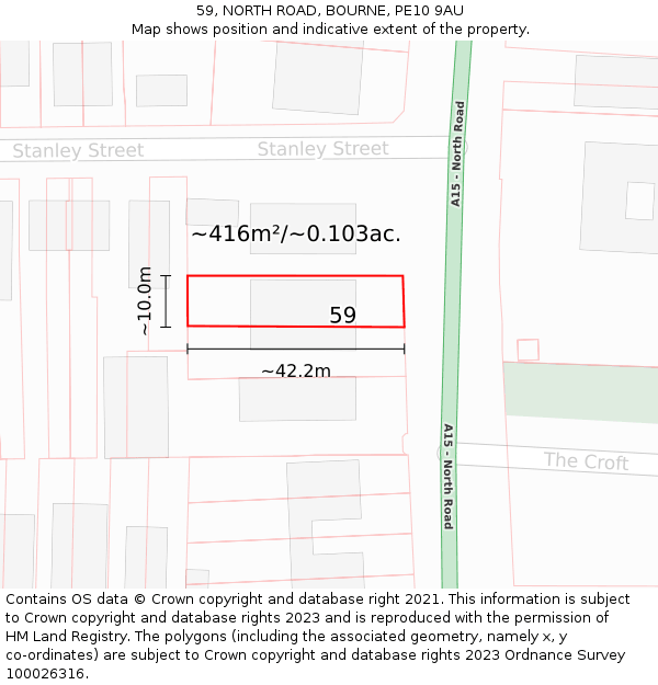 59, NORTH ROAD, BOURNE, PE10 9AU: Plot and title map