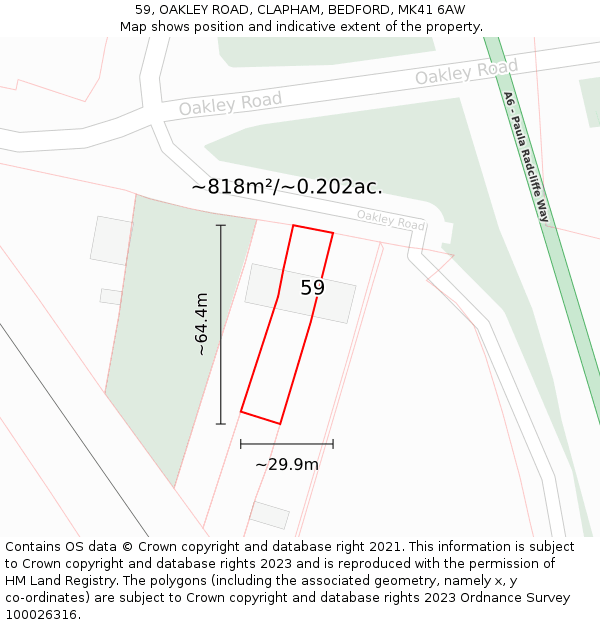 59, OAKLEY ROAD, CLAPHAM, BEDFORD, MK41 6AW: Plot and title map