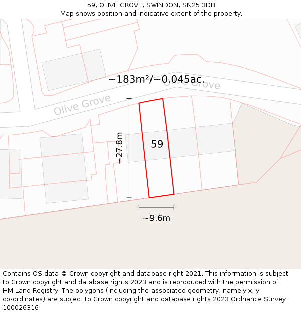 59, OLIVE GROVE, SWINDON, SN25 3DB: Plot and title map