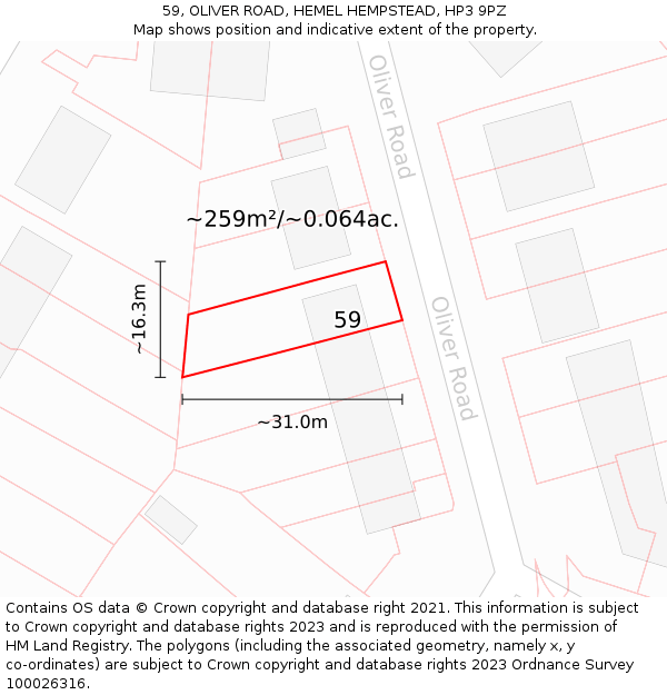 59, OLIVER ROAD, HEMEL HEMPSTEAD, HP3 9PZ: Plot and title map