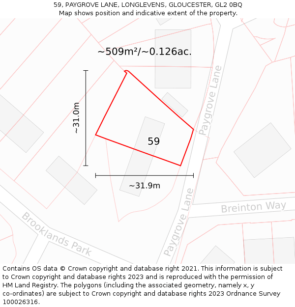 59, PAYGROVE LANE, LONGLEVENS, GLOUCESTER, GL2 0BQ: Plot and title map