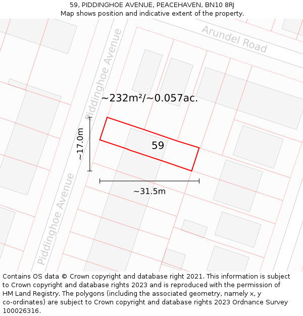 59, PIDDINGHOE AVENUE, PEACEHAVEN, BN10 8RJ: Plot and title map