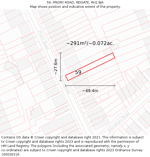 59, PRIORY ROAD, REIGATE, RH2 8JA: Plot and title map