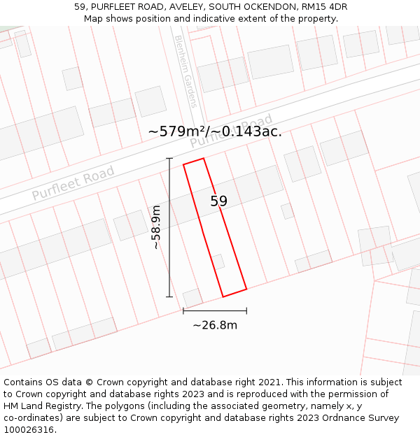 59, PURFLEET ROAD, AVELEY, SOUTH OCKENDON, RM15 4DR: Plot and title map