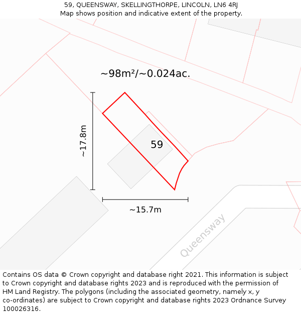 59, QUEENSWAY, SKELLINGTHORPE, LINCOLN, LN6 4RJ: Plot and title map