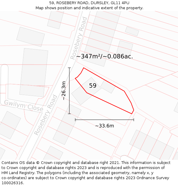 59, ROSEBERY ROAD, DURSLEY, GL11 4PU: Plot and title map