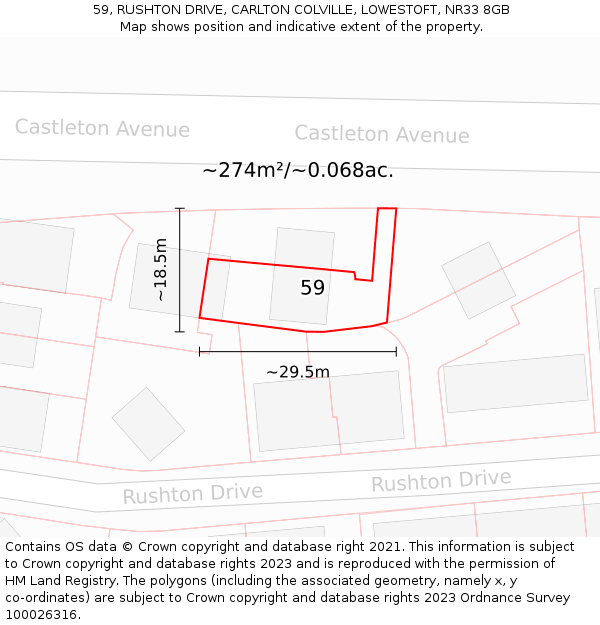 59, RUSHTON DRIVE, CARLTON COLVILLE, LOWESTOFT, NR33 8GB: Plot and title map