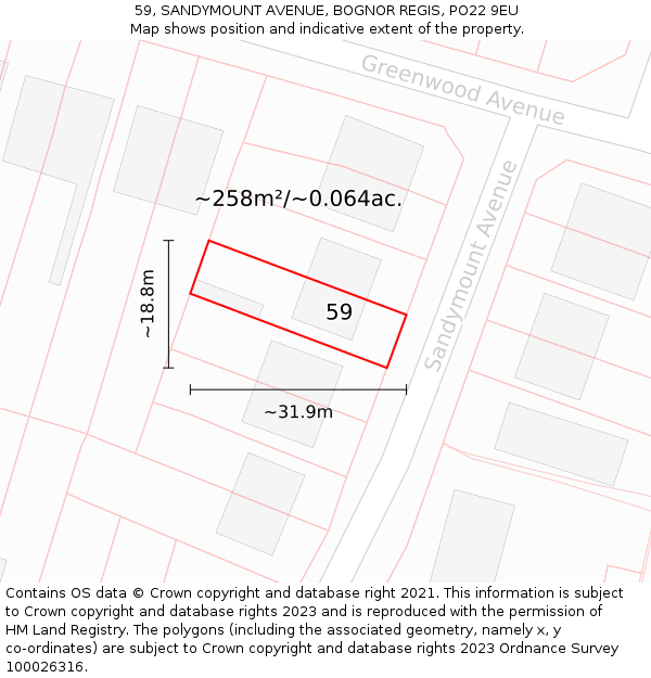 59, SANDYMOUNT AVENUE, BOGNOR REGIS, PO22 9EU: Plot and title map