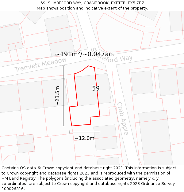 59, SHAREFORD WAY, CRANBROOK, EXETER, EX5 7EZ: Plot and title map