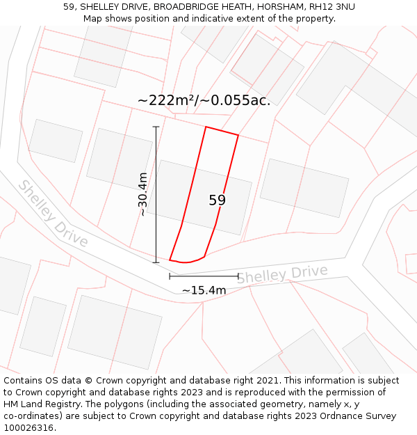 59, SHELLEY DRIVE, BROADBRIDGE HEATH, HORSHAM, RH12 3NU: Plot and title map