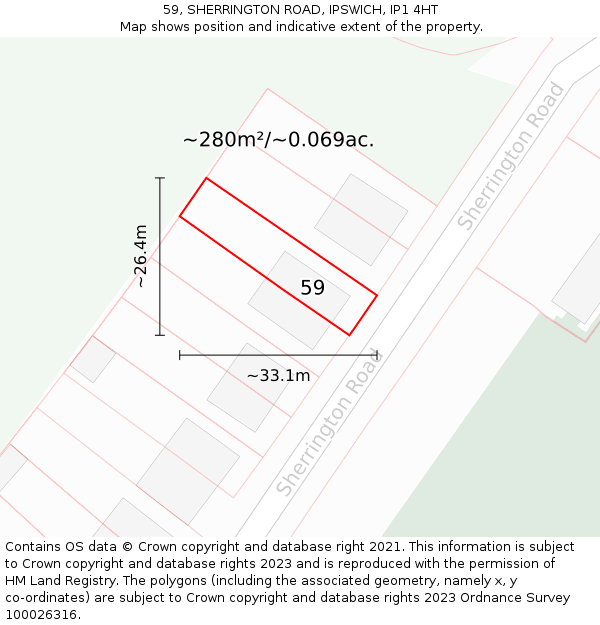 59, SHERRINGTON ROAD, IPSWICH, IP1 4HT: Plot and title map