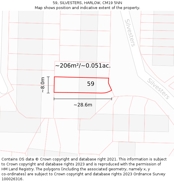 59, SILVESTERS, HARLOW, CM19 5NN: Plot and title map