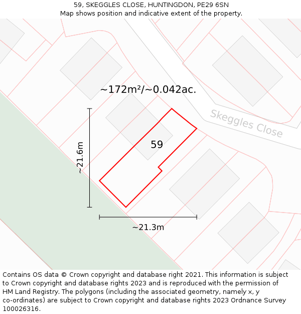 59, SKEGGLES CLOSE, HUNTINGDON, PE29 6SN: Plot and title map