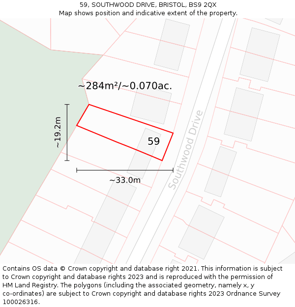 59, SOUTHWOOD DRIVE, BRISTOL, BS9 2QX: Plot and title map