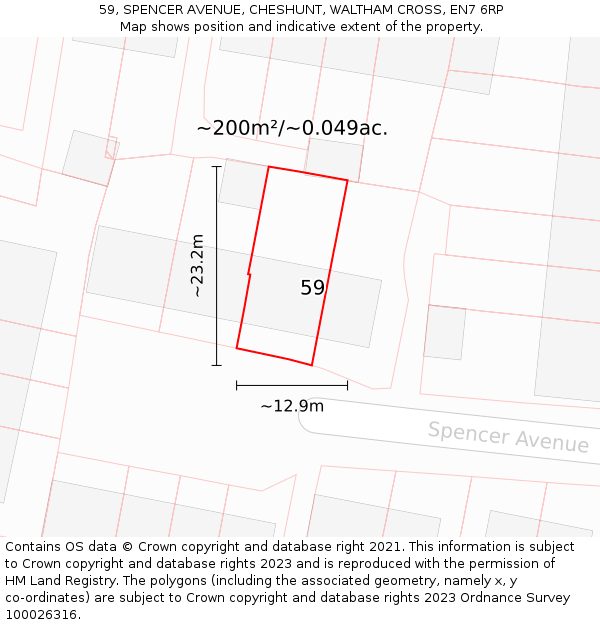59, SPENCER AVENUE, CHESHUNT, WALTHAM CROSS, EN7 6RP: Plot and title map