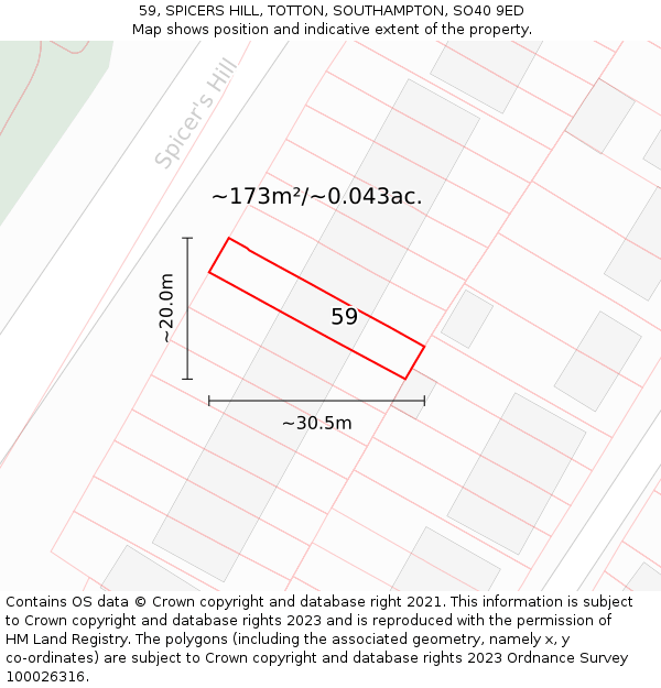 59, SPICERS HILL, TOTTON, SOUTHAMPTON, SO40 9ED: Plot and title map