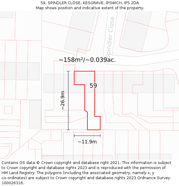 59, SPINDLER CLOSE, KESGRAVE, IPSWICH, IP5 2DA: Plot and title map