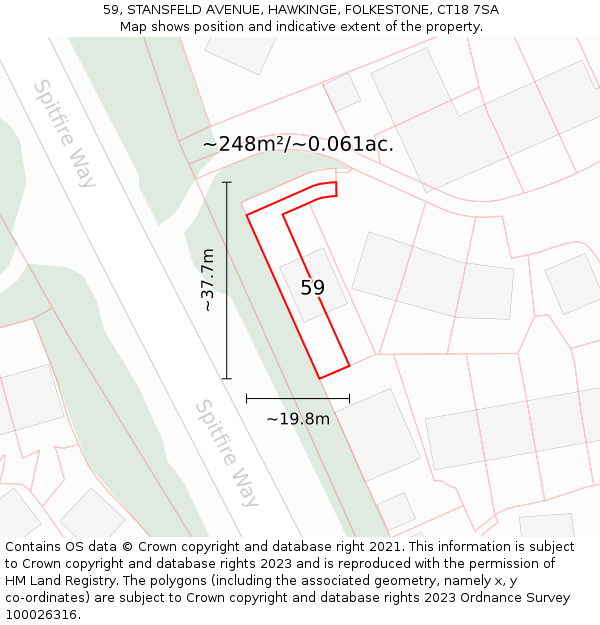 59, STANSFELD AVENUE, HAWKINGE, FOLKESTONE, CT18 7SA: Plot and title map