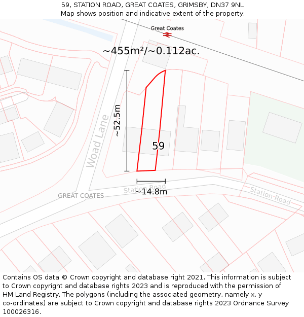 59, STATION ROAD, GREAT COATES, GRIMSBY, DN37 9NL: Plot and title map