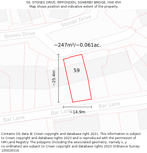 59, STONES DRIVE, RIPPONDEN, SOWERBY BRIDGE, HX6 4NY: Plot and title map