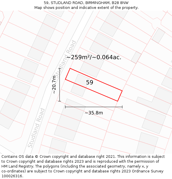 59, STUDLAND ROAD, BIRMINGHAM, B28 8NW: Plot and title map