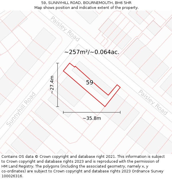 59, SUNNYHILL ROAD, BOURNEMOUTH, BH6 5HR: Plot and title map