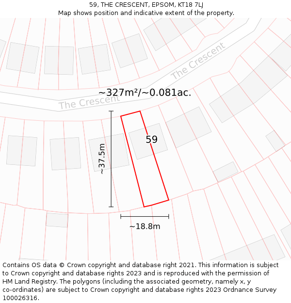 59, THE CRESCENT, EPSOM, KT18 7LJ: Plot and title map