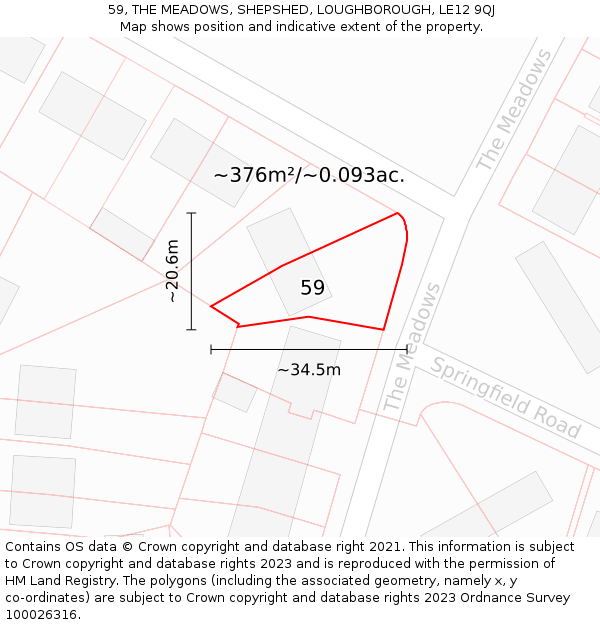 59, THE MEADOWS, SHEPSHED, LOUGHBOROUGH, LE12 9QJ: Plot and title map