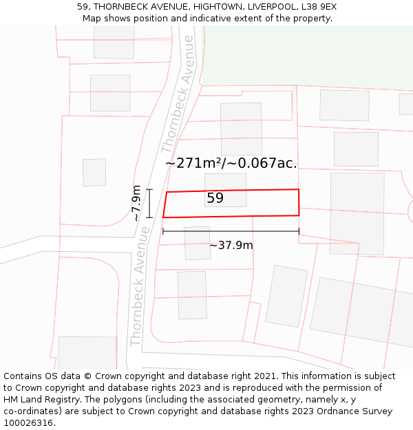 59, THORNBECK AVENUE, HIGHTOWN, LIVERPOOL, L38 9EX: Plot and title map