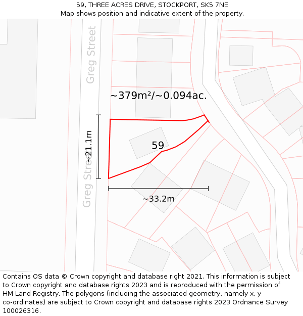 59, THREE ACRES DRIVE, STOCKPORT, SK5 7NE: Plot and title map