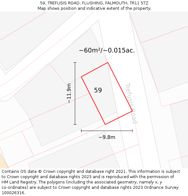 59, TREFUSIS ROAD, FLUSHING, FALMOUTH, TR11 5TZ: Plot and title map