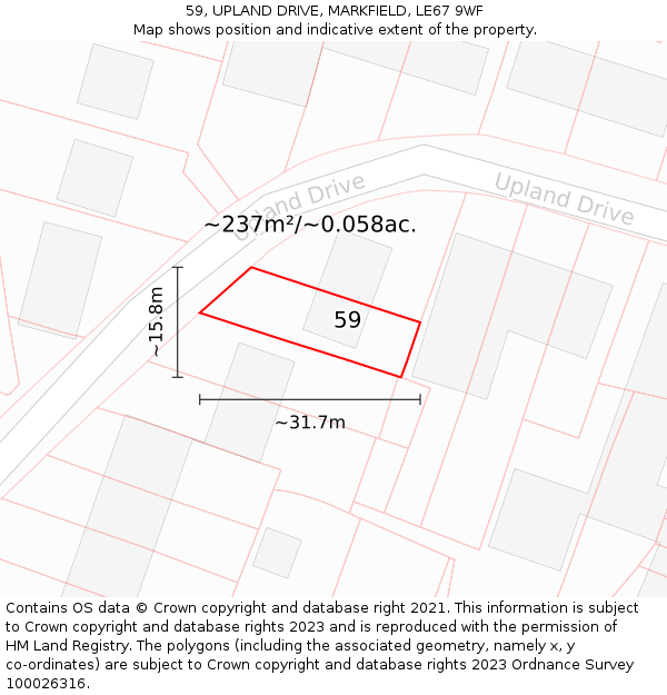 59, UPLAND DRIVE, MARKFIELD, LE67 9WF: Plot and title map