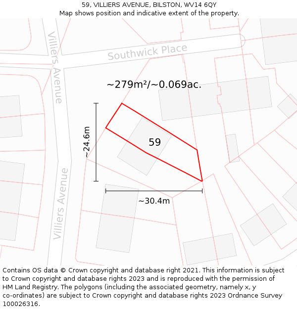 59, VILLIERS AVENUE, BILSTON, WV14 6QY: Plot and title map