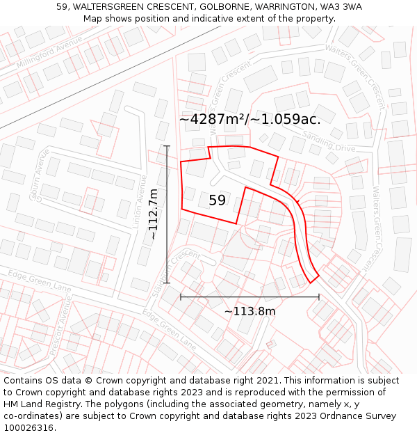 59, WALTERSGREEN CRESCENT, GOLBORNE, WARRINGTON, WA3 3WA: Plot and title map